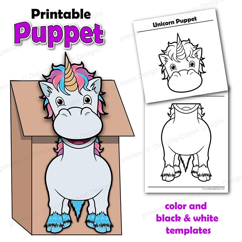 Printable unicorn puppet, paper bag puppet template